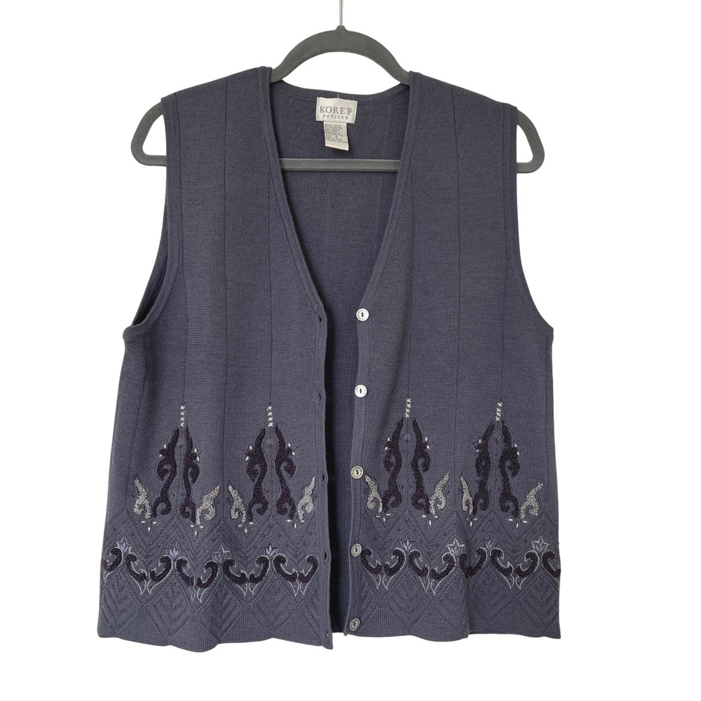 90s Koret‎ Petites Vintage Purple Embroidered Button Wool Blend Sweater Vest - Picture 6 of 11